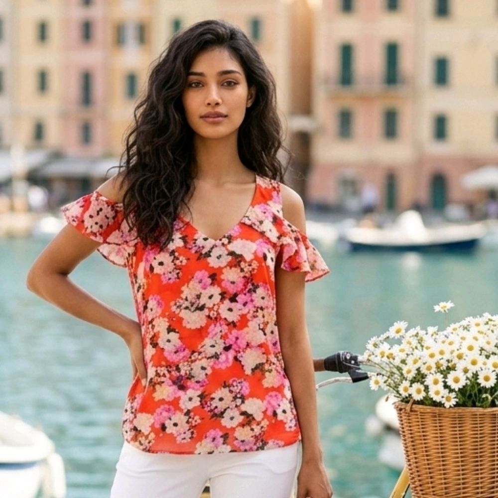 CAbi Lush Floral Blouse XS Cold Shoulder Ruffle Top Resort Vacation Cruise Chic